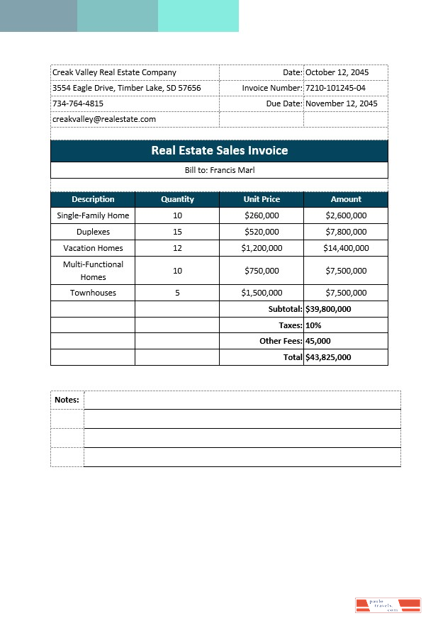 Real Estate Sales Invoice Template PSD template